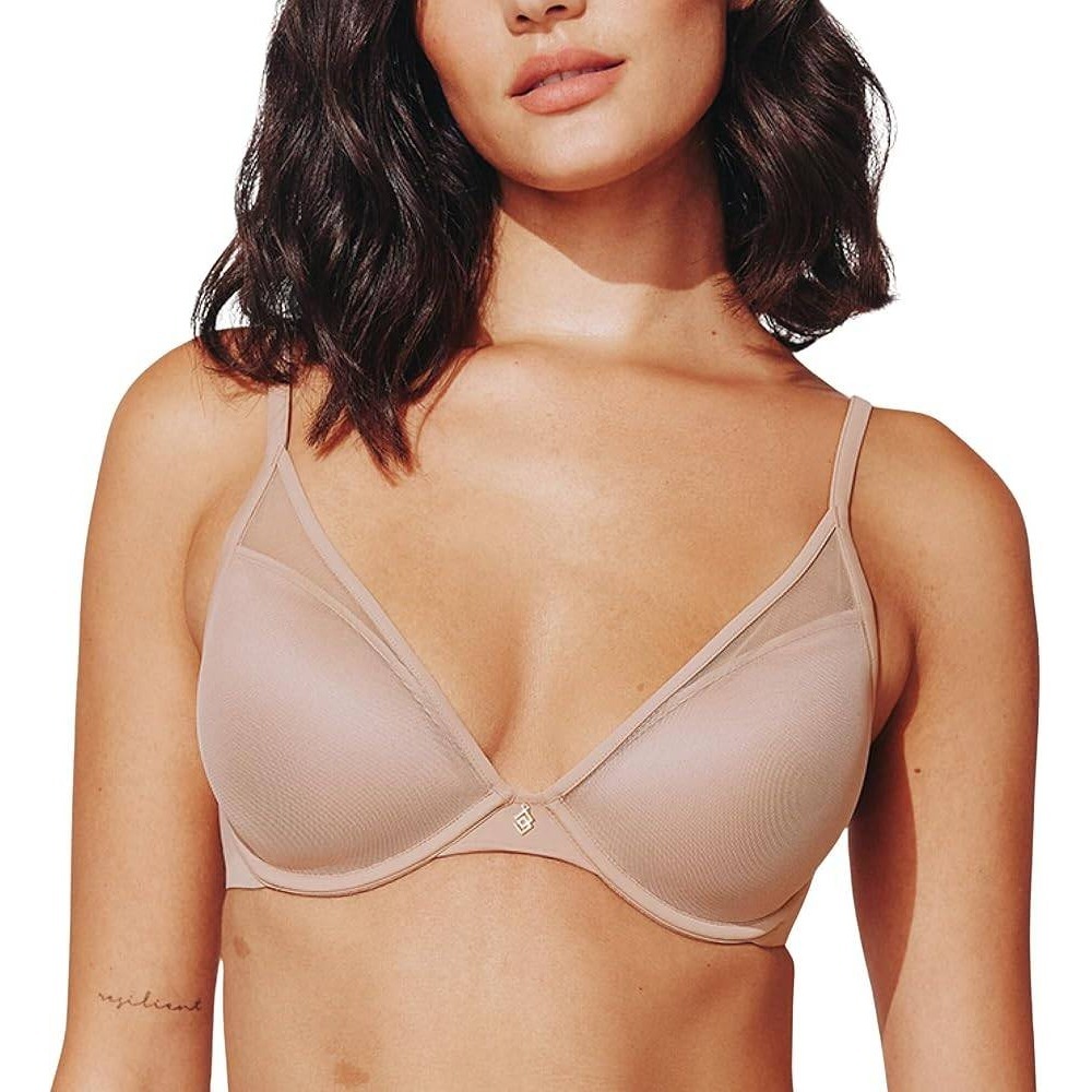 ThirdLove Bra Womens 36F Classic Plunge Uplift Beige Nude Mesh Trim Underwire